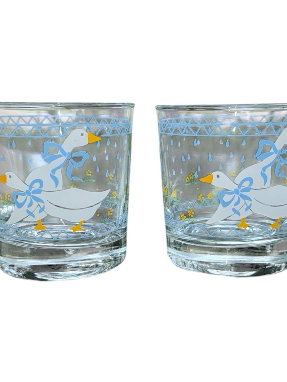 1987 Anchor Hocking Farm Country Goose Tumblers Set of 2 Blue Ribbon Glasses